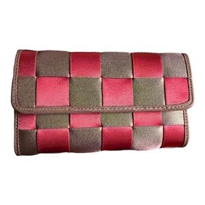 Y2K Woven Nylon Checkerboard Wallet Clutch Red Taupe Trifold Utilitarian Retro